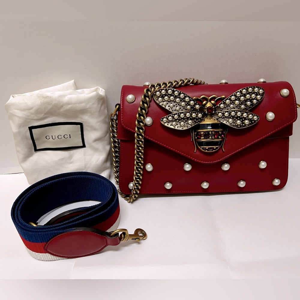 Authentic Gucci Red Leather Pearl Studded Broadway Bee Handbag